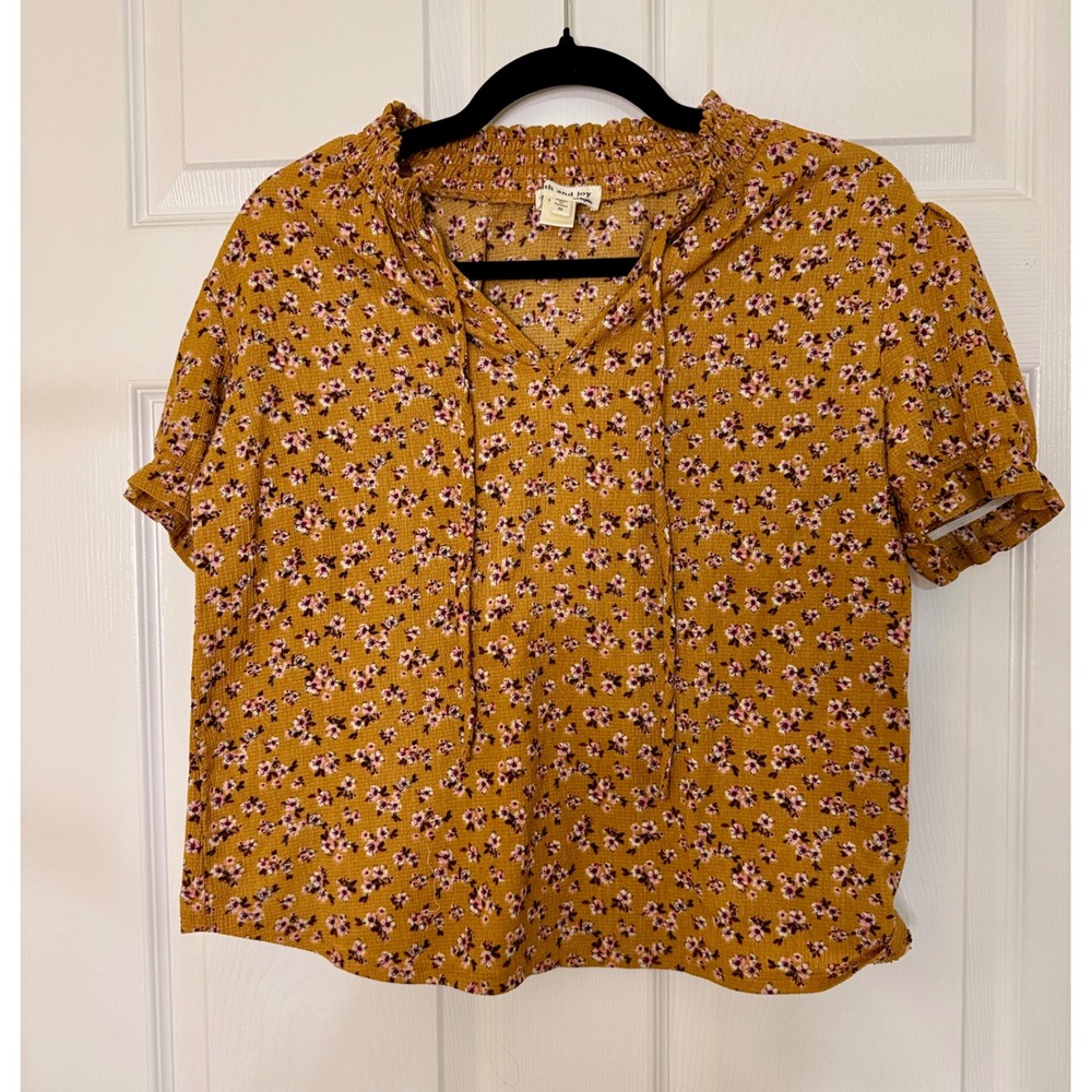 Faith and Joy Floral Blouse Womens Small Mustard Yellow Smocked Boho